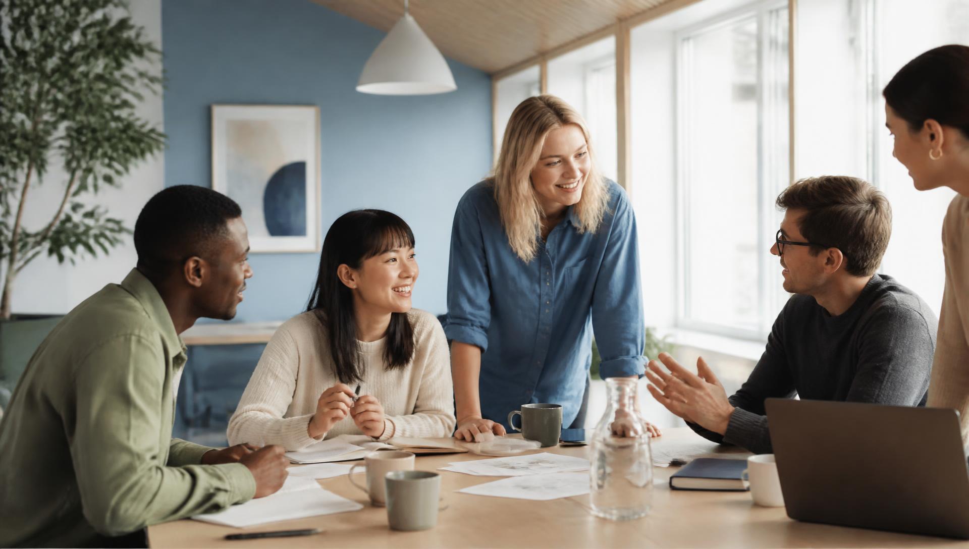 Learners and company mentors collaborating around a table in a bright Nordic office